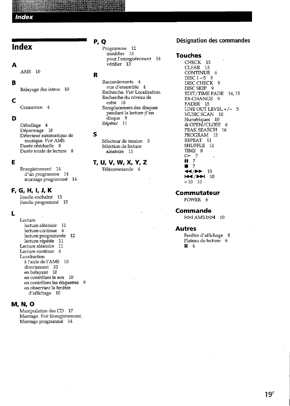 Index, F, g, h, i, j, k, M, n, o | T, u, v, w, x, y, z, Désignation des commandes, Touches, Commutateur, Commande, Autres, P, q | Sony CDP-CE315 User Manual | Page 37 / 92
