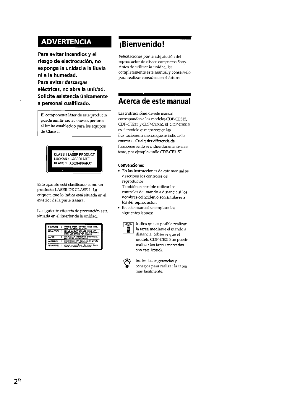 Acerca de este manual, Convenciones, Bienvenido | Advertencia | Sony CDP-CE315 User Manual | Page 38 / 92