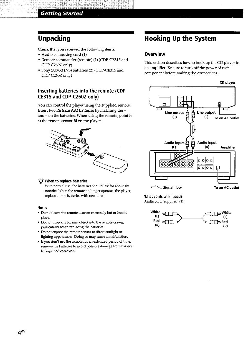 Hooking up the system, Overview, Notes | Unpacking, Getting started | Sony CDP-CE315 User Manual | Page 4 / 92