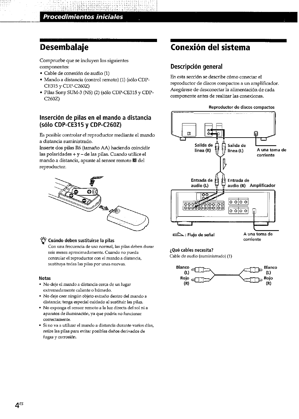 Conexión del sistema, Descripción general, Notas | Desembalaje, Procedimientos iniciaies | Sony CDP-CE315 User Manual | Page 40 / 92