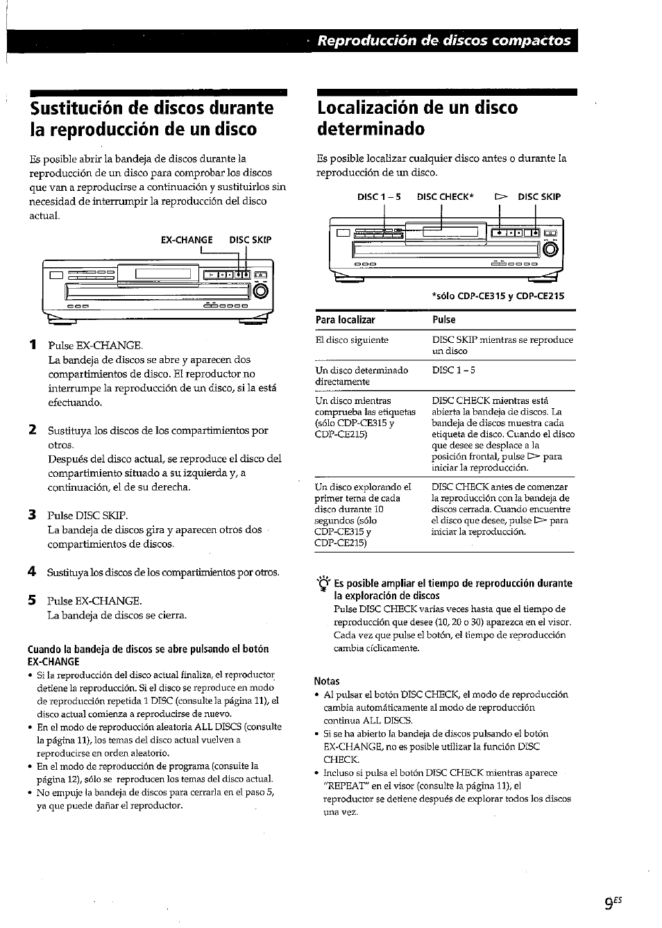 Ex-change, Localización de un disco determinado, Notas | Reproducción de discos compactos | Sony CDP-CE315 User Manual | Page 45 / 92