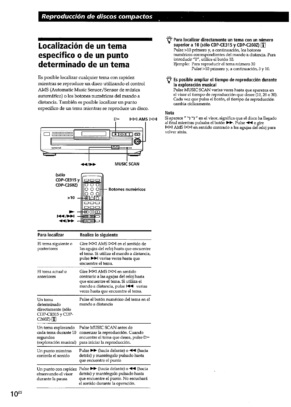 Nota, Para localizar, Realice lo siguiente | Reproducción de discos compactos | Sony CDP-CE315 User Manual | Page 46 / 92