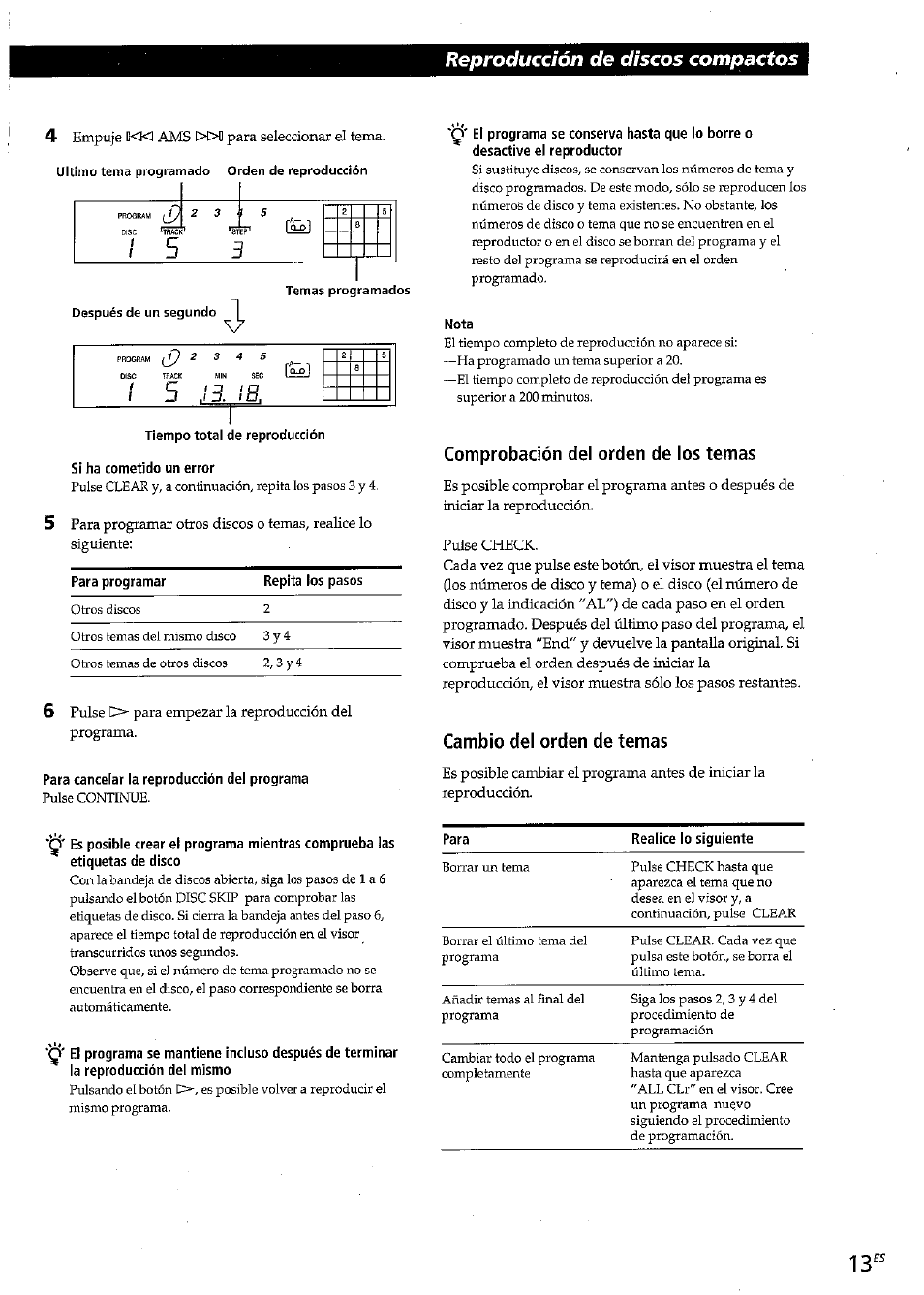 Si ha cometido un error, Para cancelar la reproducción del programa, Nota | Comprobación del orden de los temas, Reproducción de discos compactos | Sony CDP-CE315 User Manual | Page 49 / 92