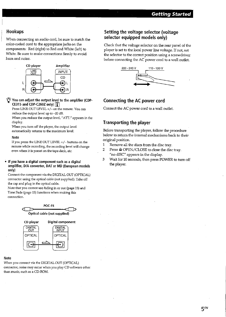 Hookups, Note, Connecting the ac power cord | Transporting the player, Getting started, Disc | Sony CDP-CE315 User Manual | Page 5 / 92