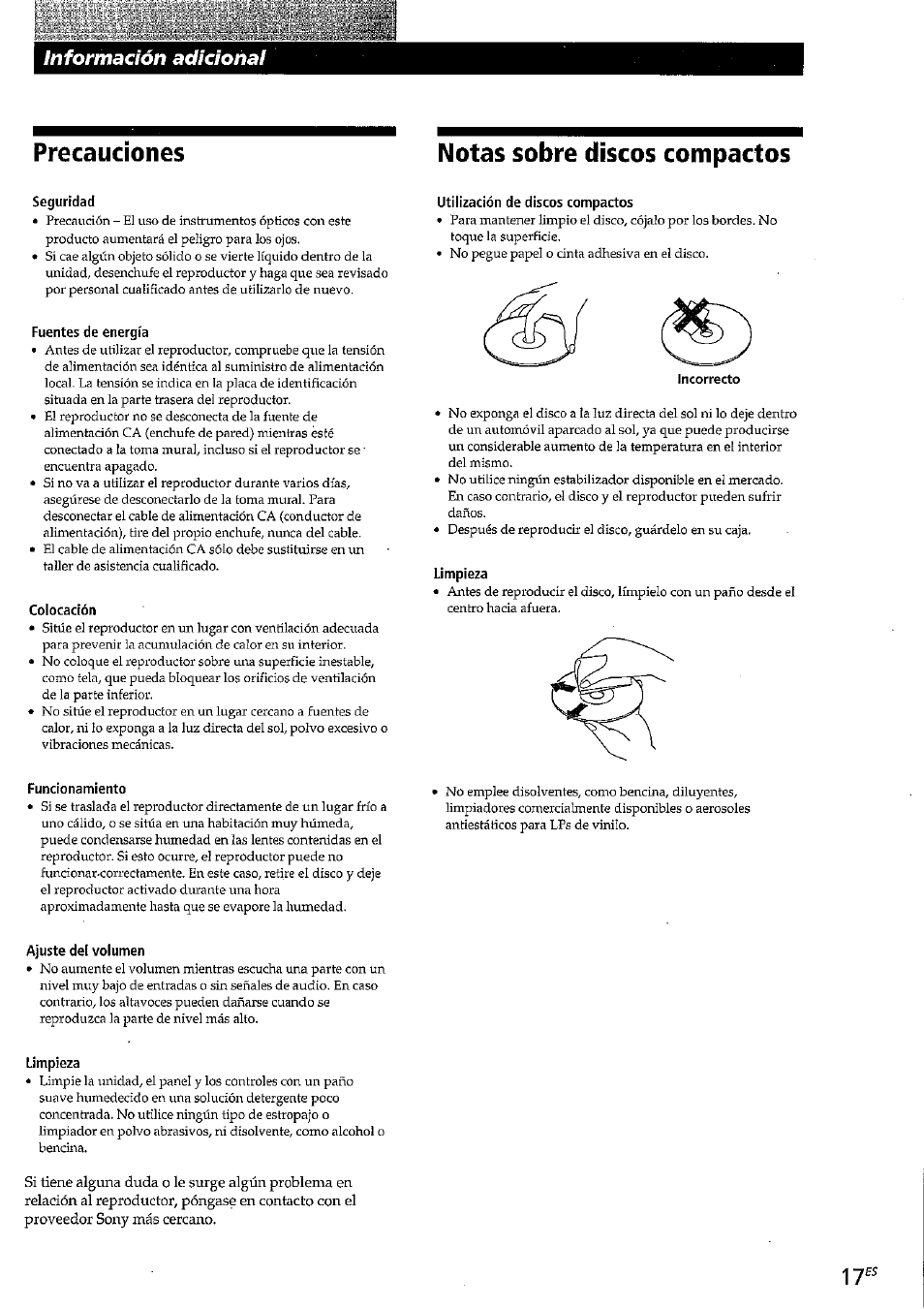 Notas sobre discos compactos, Colocación, Utilización de discos compactos | Limpieza, Funcionamiento, Ajuste del volumen, Precauciones notas sobre discos compactos, Información adicional | Sony CDP-CE315 User Manual | Page 53 / 92