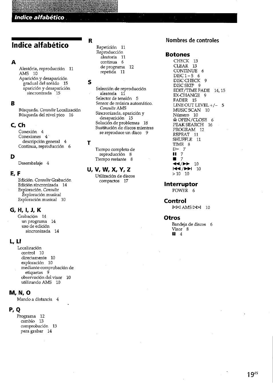 Indice alfabético, Nombres de controles, C ch | G, h, i, j, k, M, n, U, v, w, x, y, z, Botones, Interruptor, Control, Otros | Sony CDP-CE315 User Manual | Page 55 / 92