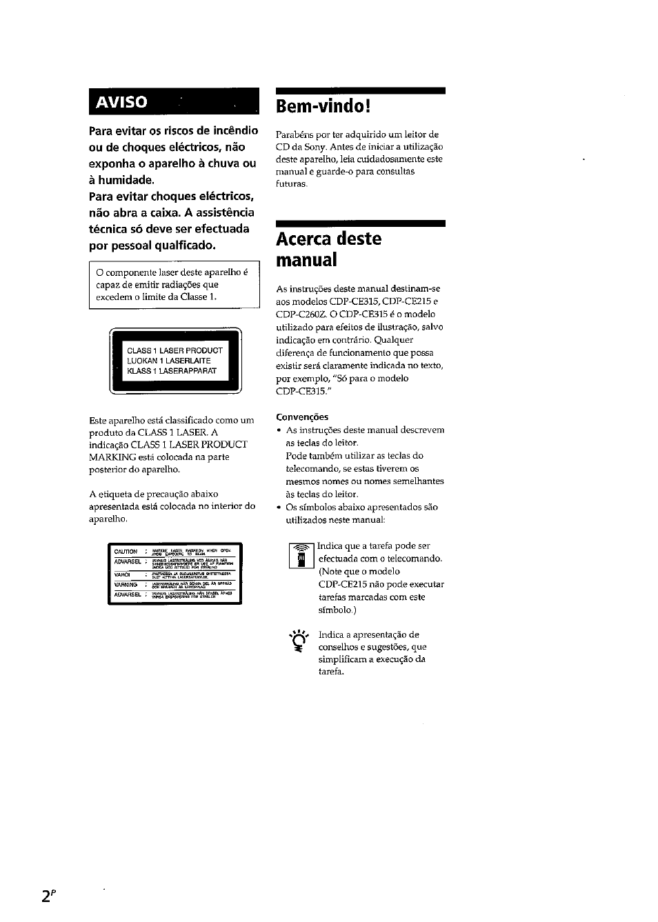 Bem-vindo, Acerca deste manual, Aviso | Sony CDP-CE315 User Manual | Page 56 / 92