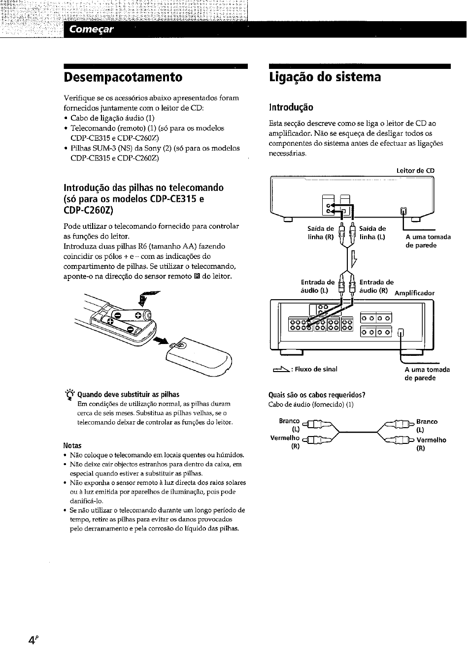 Desempacotamento, Notas, Liga^áo do sistema | Introdu^áo, Quais sao os cabos requeridos, Ligagao do sistema, Camelar | Sony CDP-CE315 User Manual | Page 58 / 92