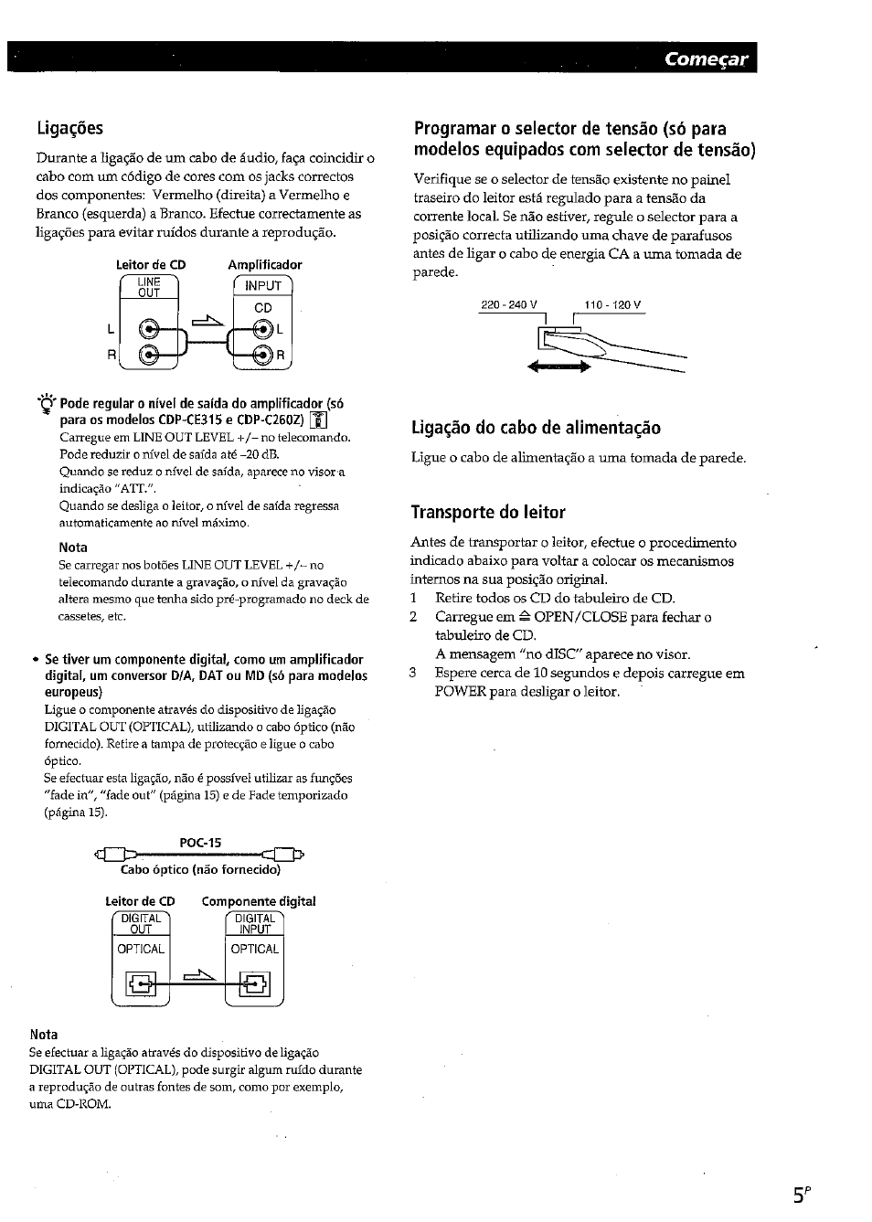 Ugagdes, Lìgagao do cabo de alimentagáo, Transporte do leitor | Começar | Sony CDP-CE315 User Manual | Page 59 / 92