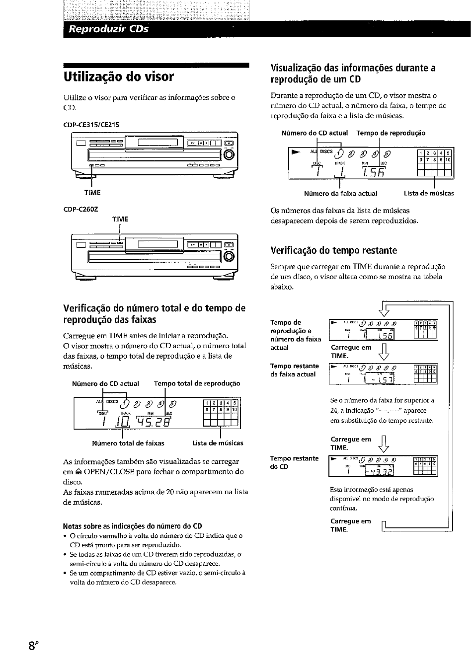 Utiliza^áo do visor, Verifica^ào do tempo restante, Utilizagào do visor | Reproduzir cds | Sony CDP-CE315 User Manual | Page 62 / 92