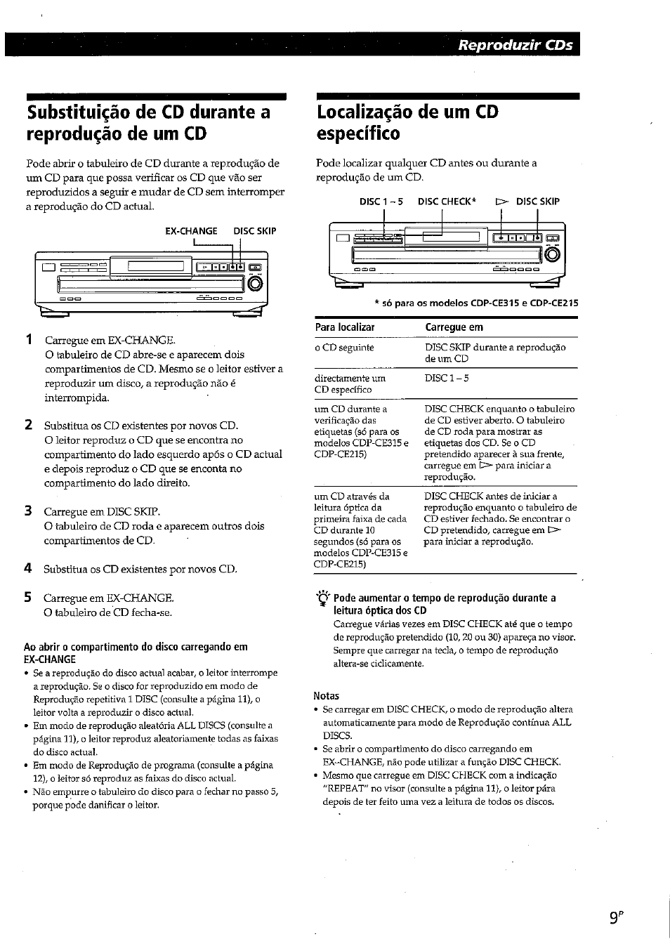 Substituiçâo de cd durante a reproduçâo de um cd, Localiza^áo de um cd específico, Reproduzir cds | Sony CDP-CE315 User Manual | Page 63 / 92