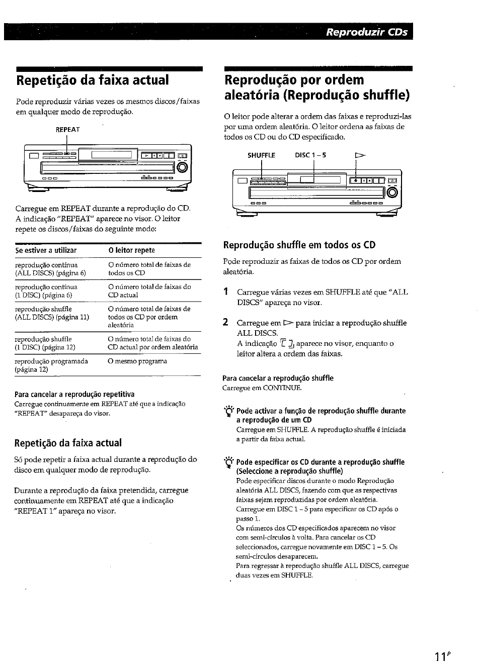 Repetido da faixa actual, Para cancelar a reprodujo repetitiva, Repetí^áo da faixa actual | Reprodu^áo shuffle em todos os cd, Para cancelar a reprodujáo shuffle, Repetigao da faixa actual, Reproduzir cds | Sony CDP-CE315 User Manual | Page 65 / 92