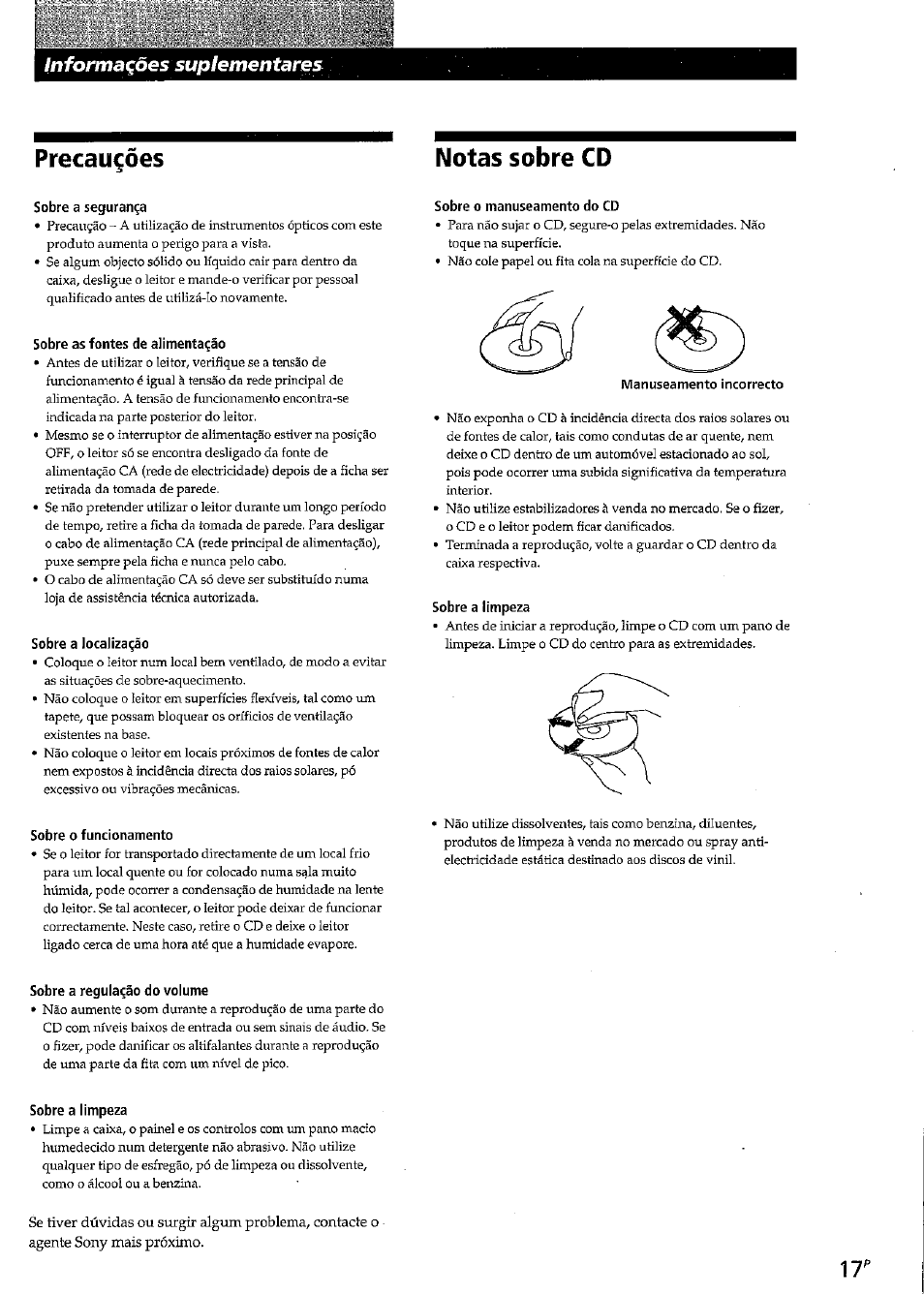 Notas sobre cd, Sobre a seguranza, Sobre as fontes de alimenta^ao | Sobre a localizado, Sobre o funcionamento, Sobre o manuseamento do cd, Sobre a límpeza, Sobre a regula^ao do volume, Sobre a limpeza, Precauçôes notas sobre cd | Sony CDP-CE315 User Manual | Page 71 / 92