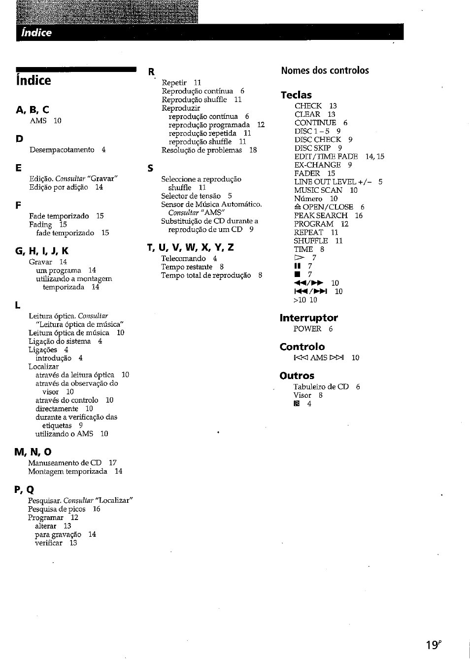 Indice, A, b, c, G, h, i, j, k | Nomes dos controlos, Teclas, M, n, o, Index, T, u, v, w, x, y, z, Interruptor, Controlo | Sony CDP-CE315 User Manual | Page 73 / 92