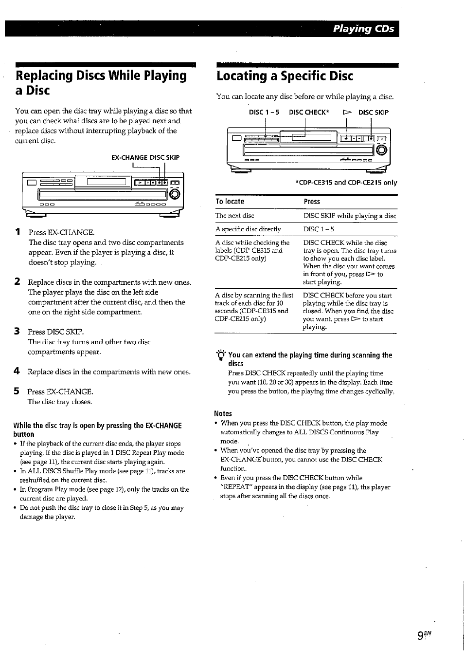 Replacing discs whiie playing a disc, Locating a specific disc, Replacing discs while playing a disc | Playing cds | Sony CDP-CE315 User Manual | Page 9 / 92