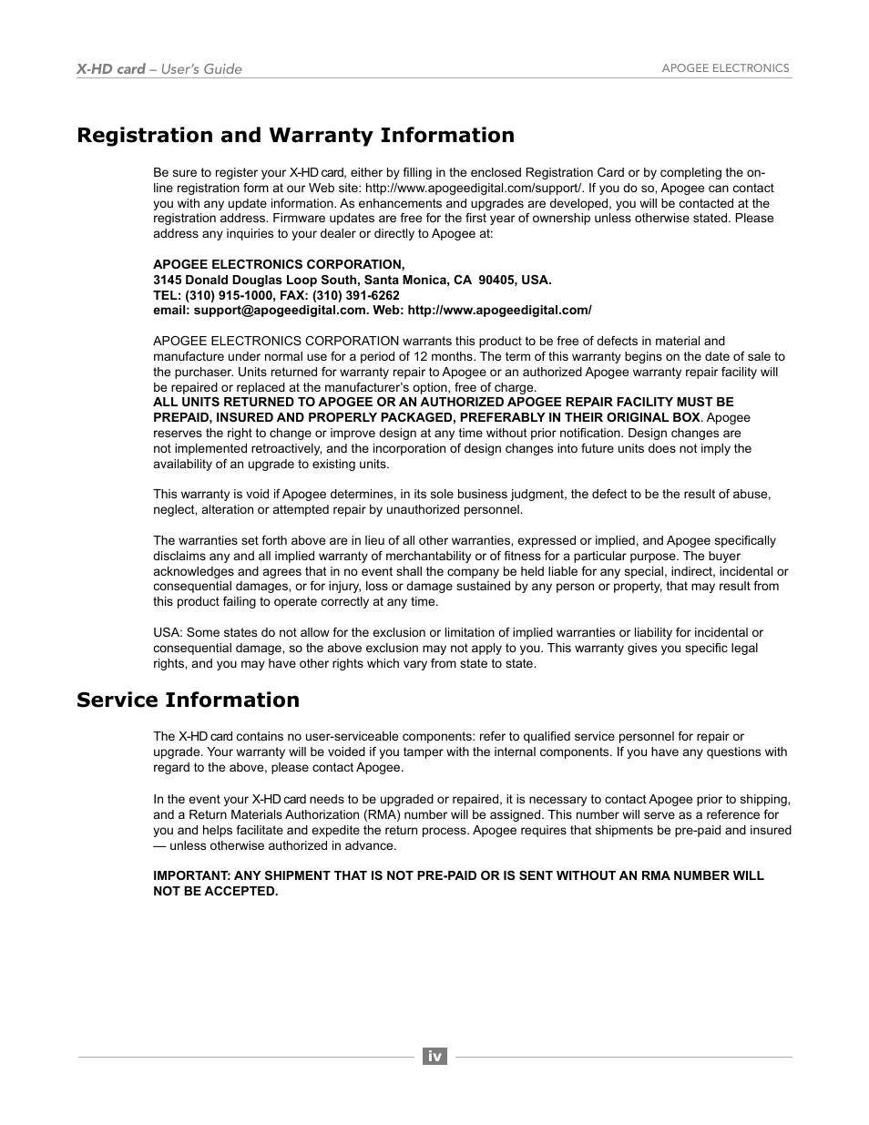 Registration and warranty information, Service information | Apogee Digital X-HD User Manual | Page 6 / 28
