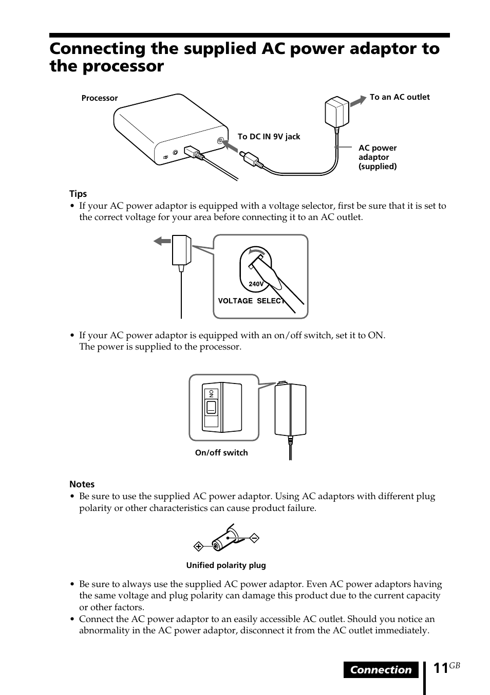 Connecting the supplied ac, Power adaptor to the processor | Sony MDR-DS1000 User Manual | Page 11 / 84