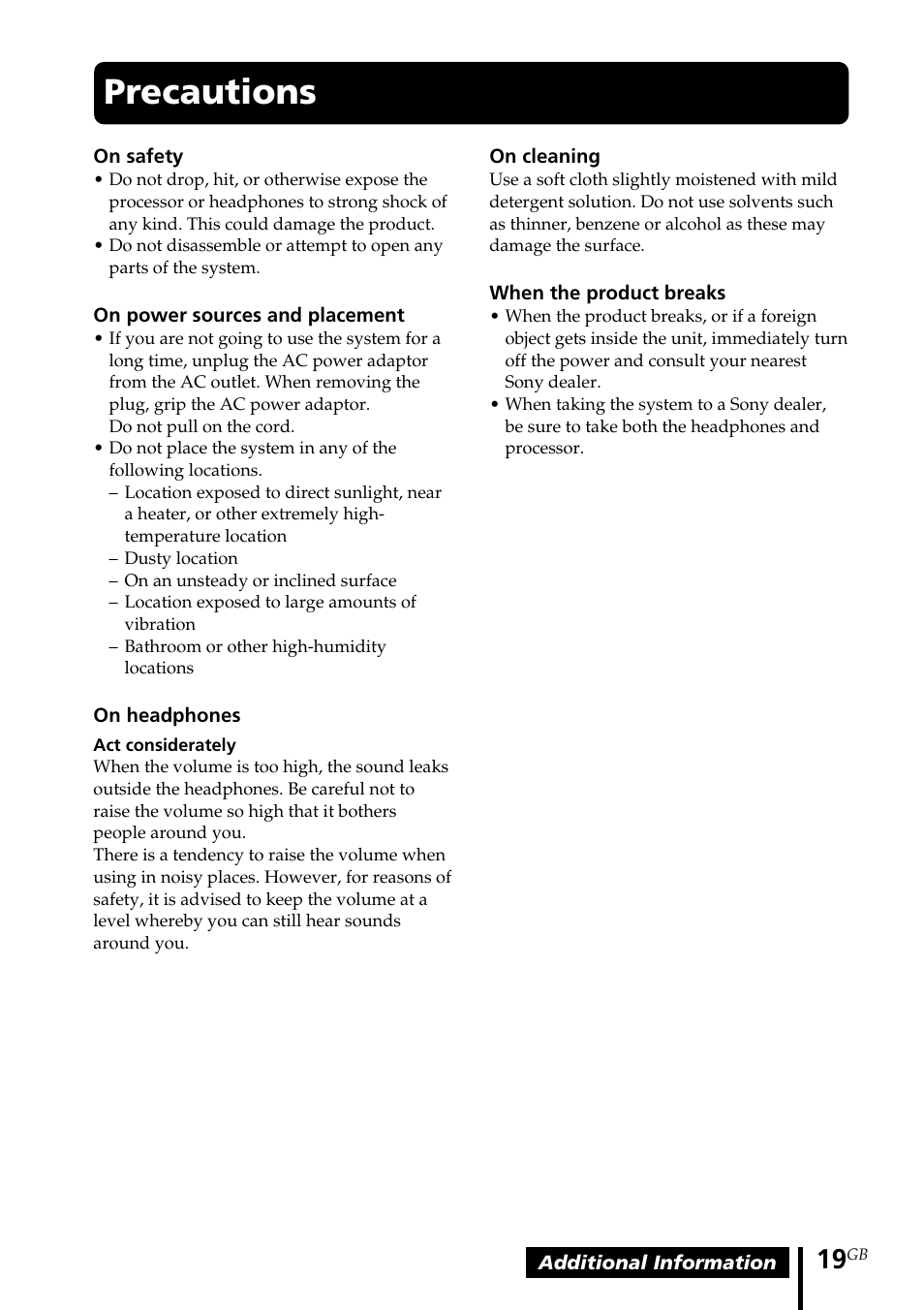 Precautions | Sony MDR-DS1000 User Manual | Page 19 / 84