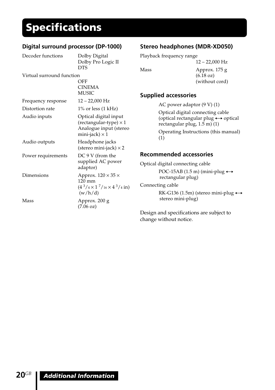 Specifications | Sony MDR-DS1000 User Manual | Page 20 / 84