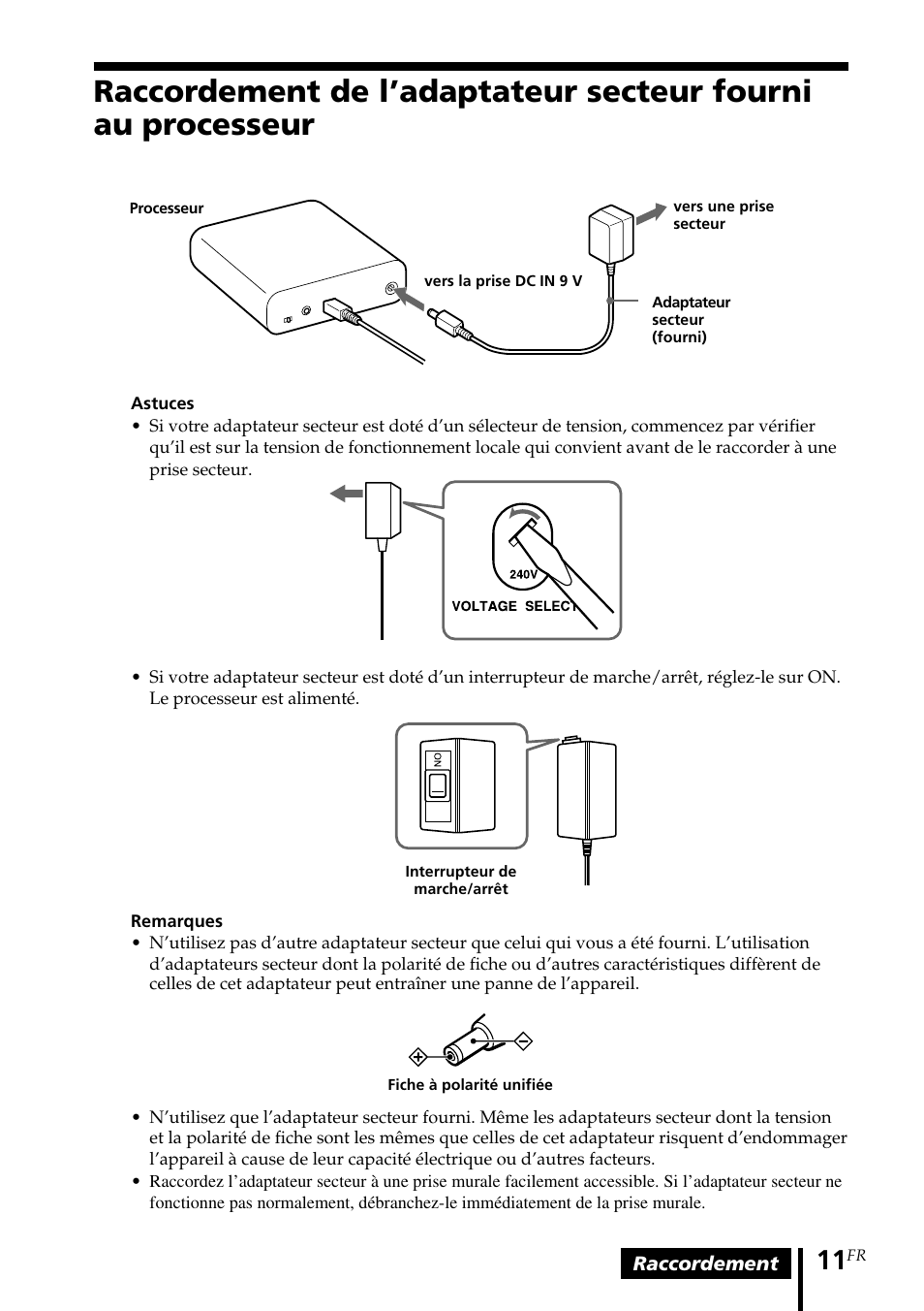 Raccordement de l’adaptateur, Secteur fourni au processeur | Sony MDR-DS1000 User Manual | Page 31 / 84