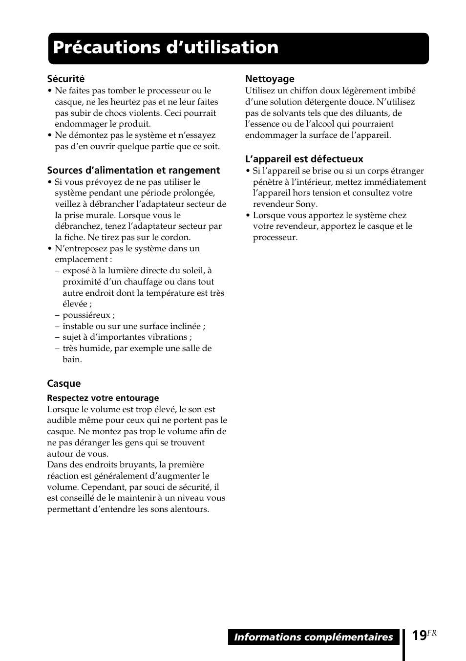 Précautions d’utilisation | Sony MDR-DS1000 User Manual | Page 39 / 84