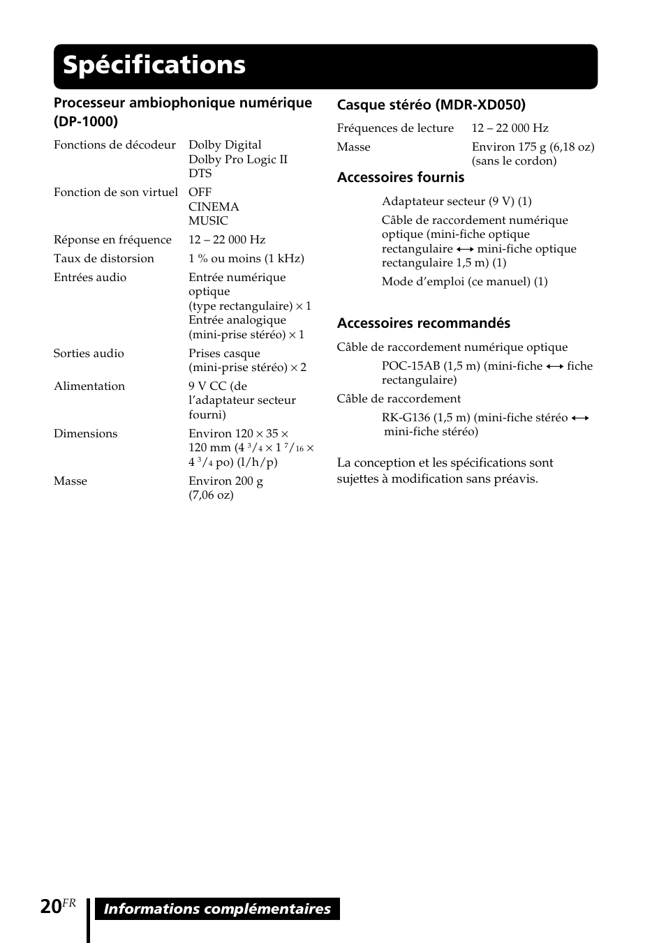 Spécifications | Sony MDR-DS1000 User Manual | Page 40 / 84