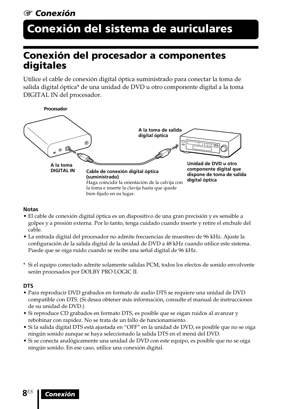 Conexión del sistema de auriculares, Conexión del procesador a componentes digitales, Conexión del sistema de | Auriculares, Conexión del procesador a, Componentes digitales, 1 conexión | Sony MDR-DS1000 User Manual | Page 48 / 84