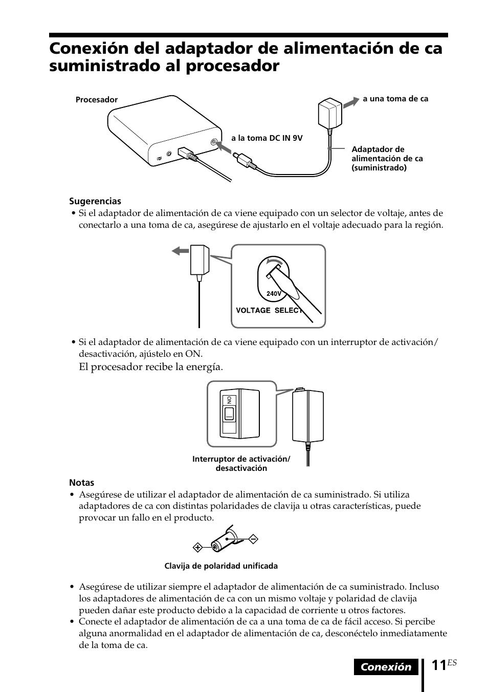 Conexión del adaptador de, Alimentación de ca suministrado al procesador | Sony MDR-DS1000 User Manual | Page 51 / 84