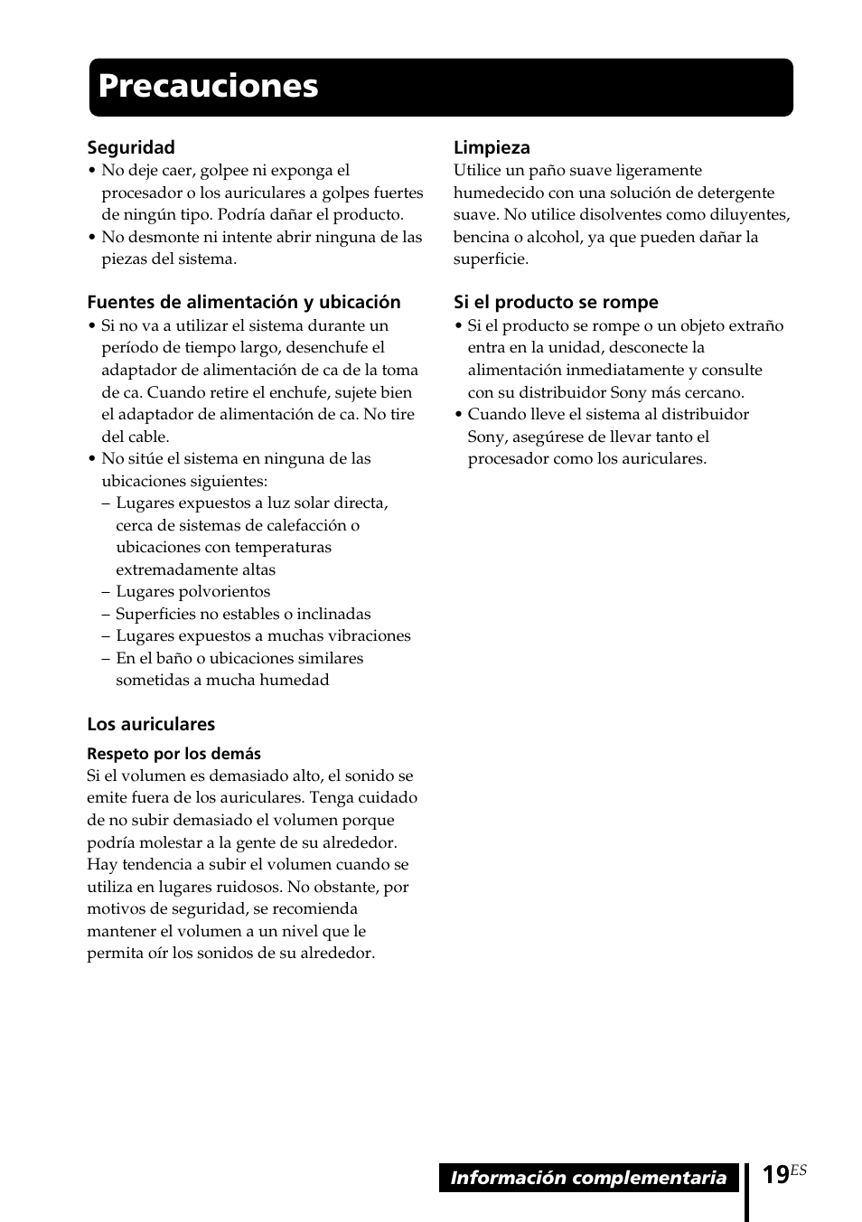 Precauciones | Sony MDR-DS1000 User Manual | Page 59 / 84