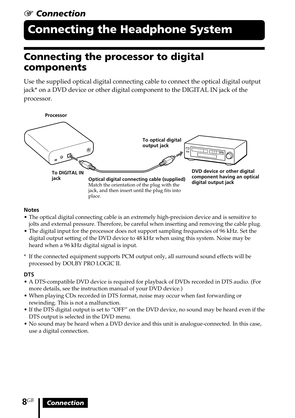 Connecting the headphone system, Connecting the processor to digital components, Connecting the headphone | System, Connecting the processor to, Digital components, 1 connection | Sony MDR-DS1000 User Manual | Page 8 / 84