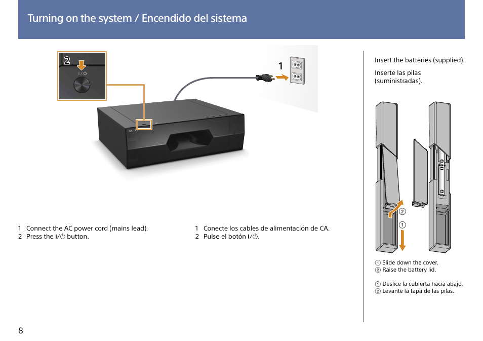 Turning on the system / encendido del sistema | Sony HT-ST3 User Manual | Page 8 / 24