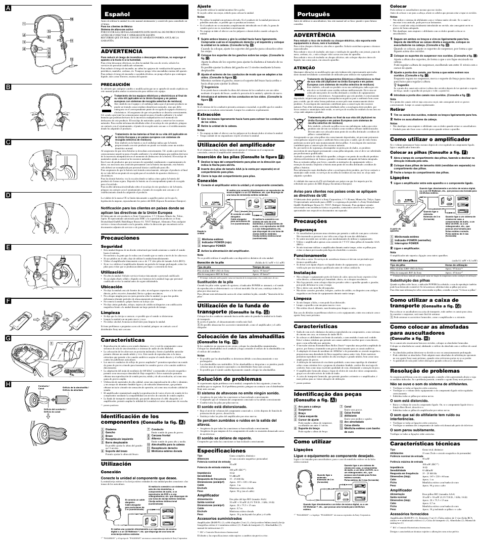 Español, Português, Advertencia | Precauciones, Características, Identificación de los componentes, Utilización, Utilización del amplificador, Utilización de la funda de transporte, Colocación de las almohadillas | Sony PFR-V1 User Manual | Page 2 / 2