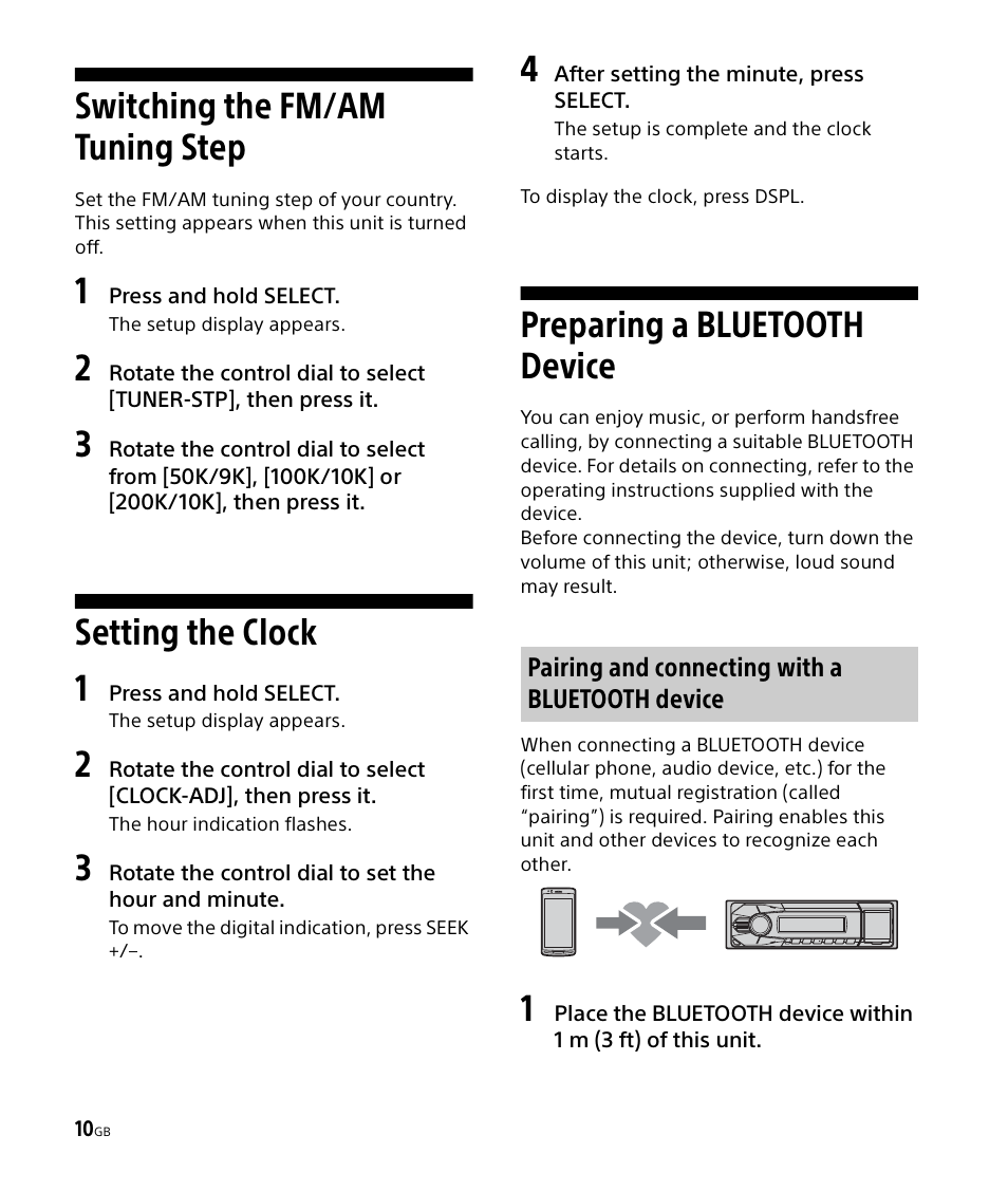 Switching the fm/am tuning step, Setting the clock, Preparing a bluetooth device | Setting the clock 1 | Sony DSX-M50BT User Manual | Page 10 / 108