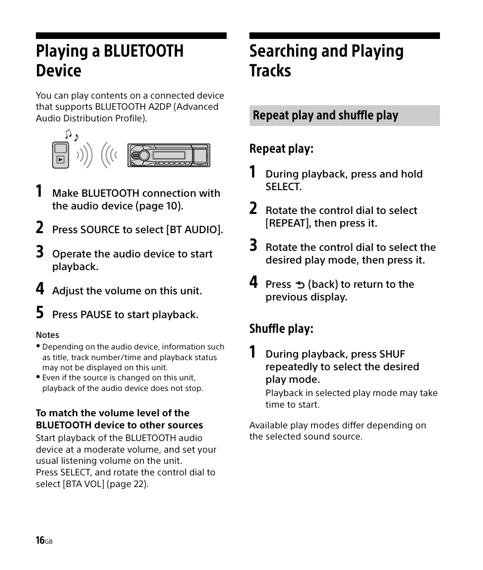 Playing a bluetooth device, Searching and playing tracks | Sony DSX-M50BT User Manual | Page 16 / 108