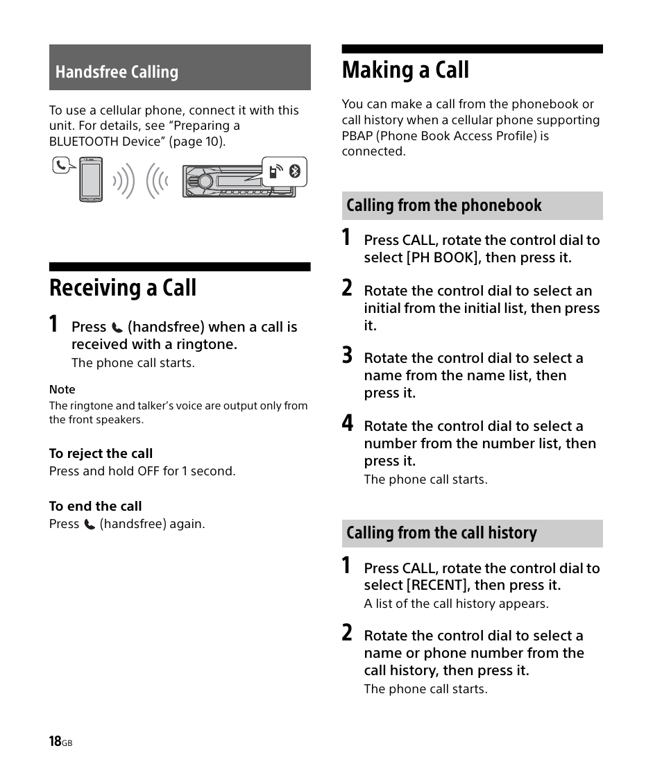 Handsfree calling, Receiving a call, Making a call | Receiving a call making a call, Receiving a call 1 | Sony DSX-M50BT User Manual | Page 18 / 108