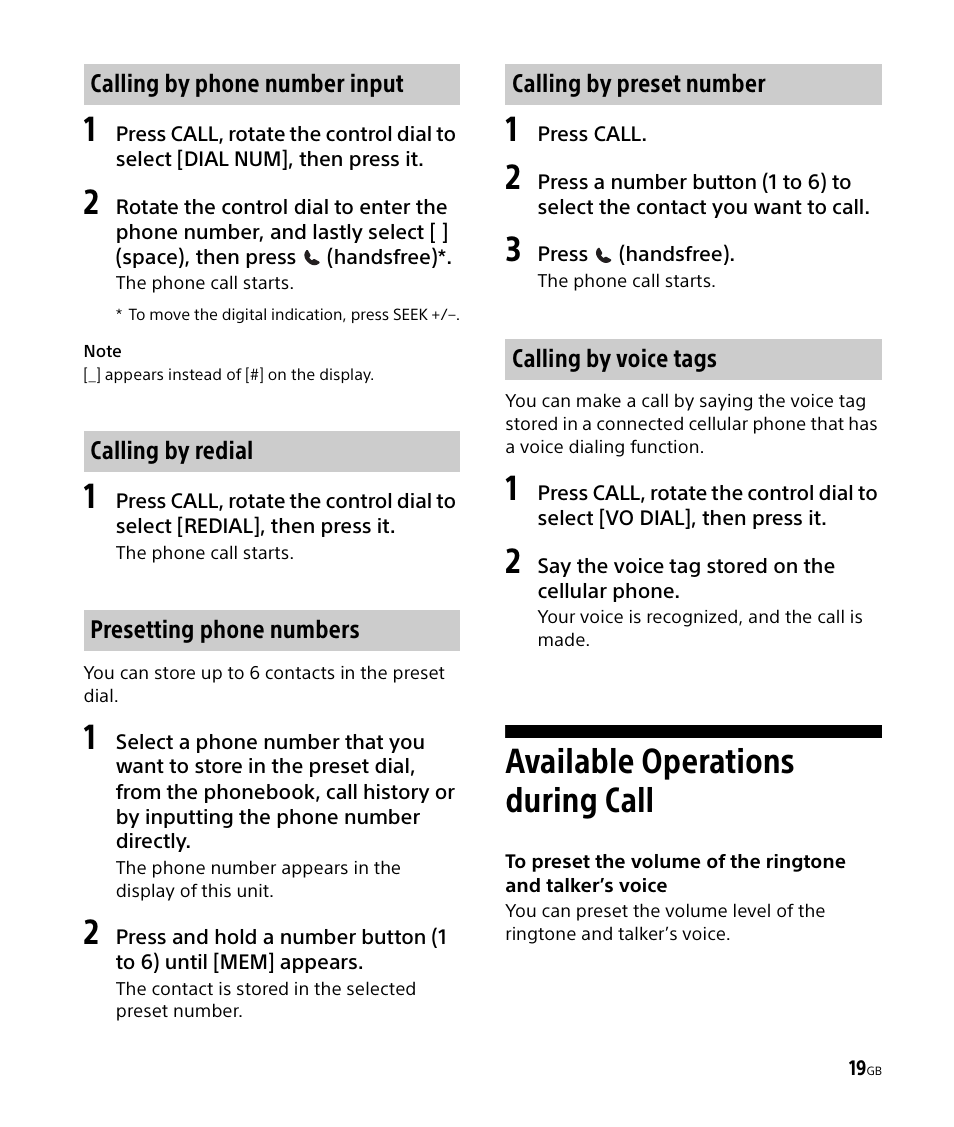 Available operations during call | Sony DSX-M50BT User Manual | Page 19 / 108