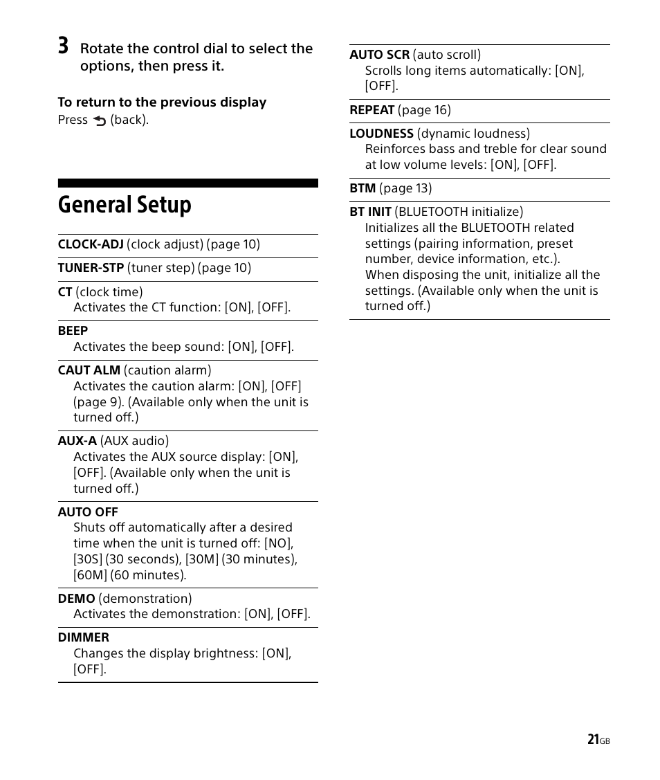 General setup, Bt init (bluetooth initialize) | Sony DSX-M50BT User Manual | Page 21 / 108