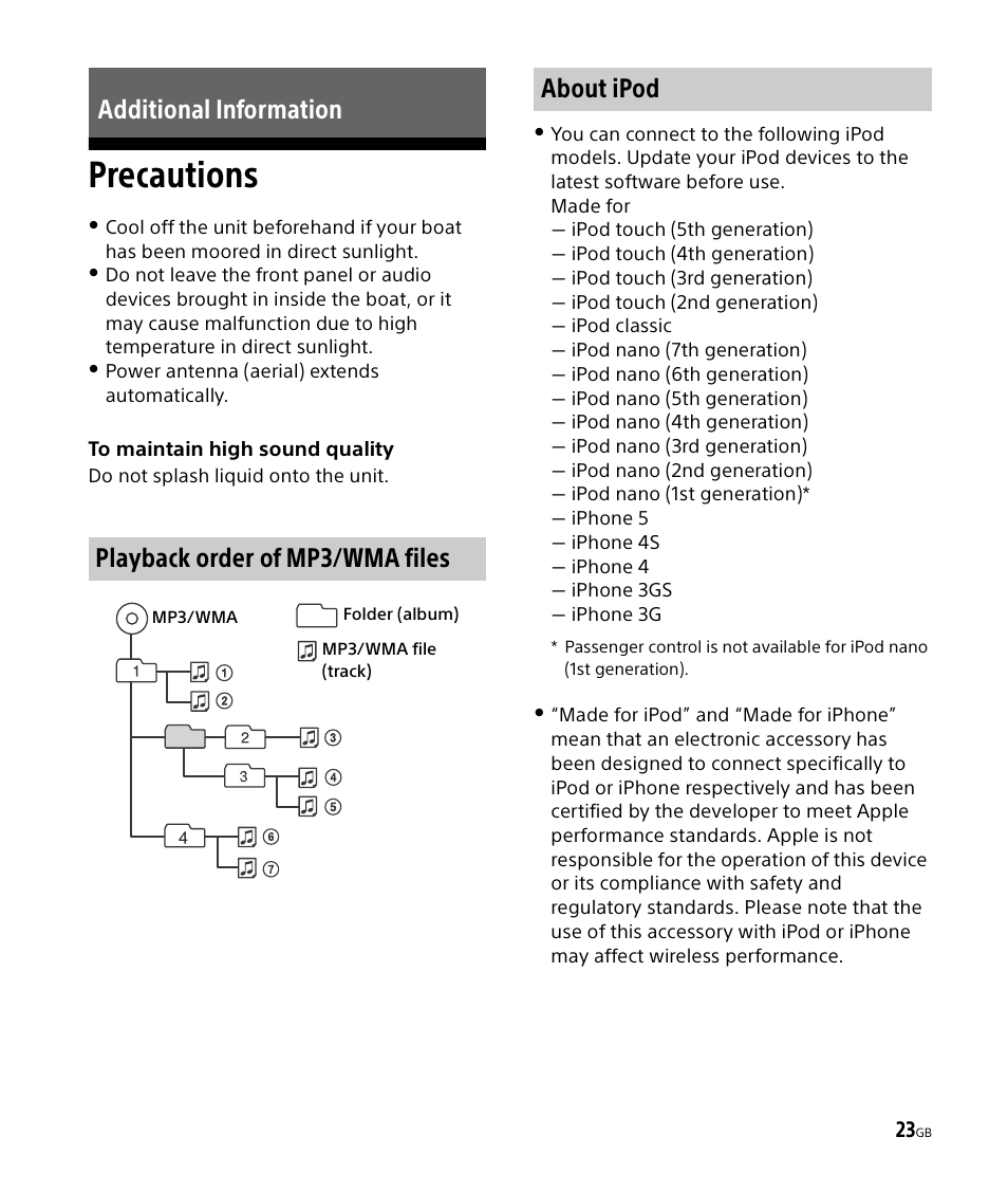 Additional information, Precautions, About ipod | Sony DSX-M50BT User Manual | Page 23 / 108