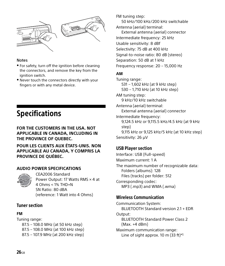 Specifications, Wireless communication | Sony DSX-M50BT User Manual | Page 26 / 108