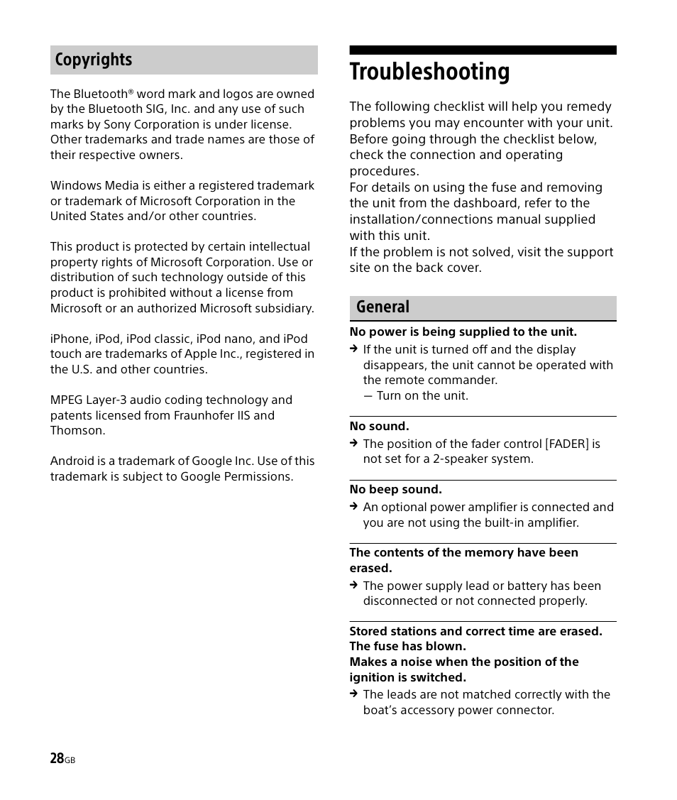 Troubleshooting, Copyrights, General | Sony DSX-M50BT User Manual | Page 28 / 108