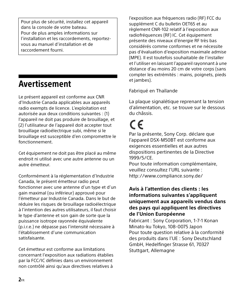 Avertissement | Sony DSX-M50BT User Manual | Page 34 / 108