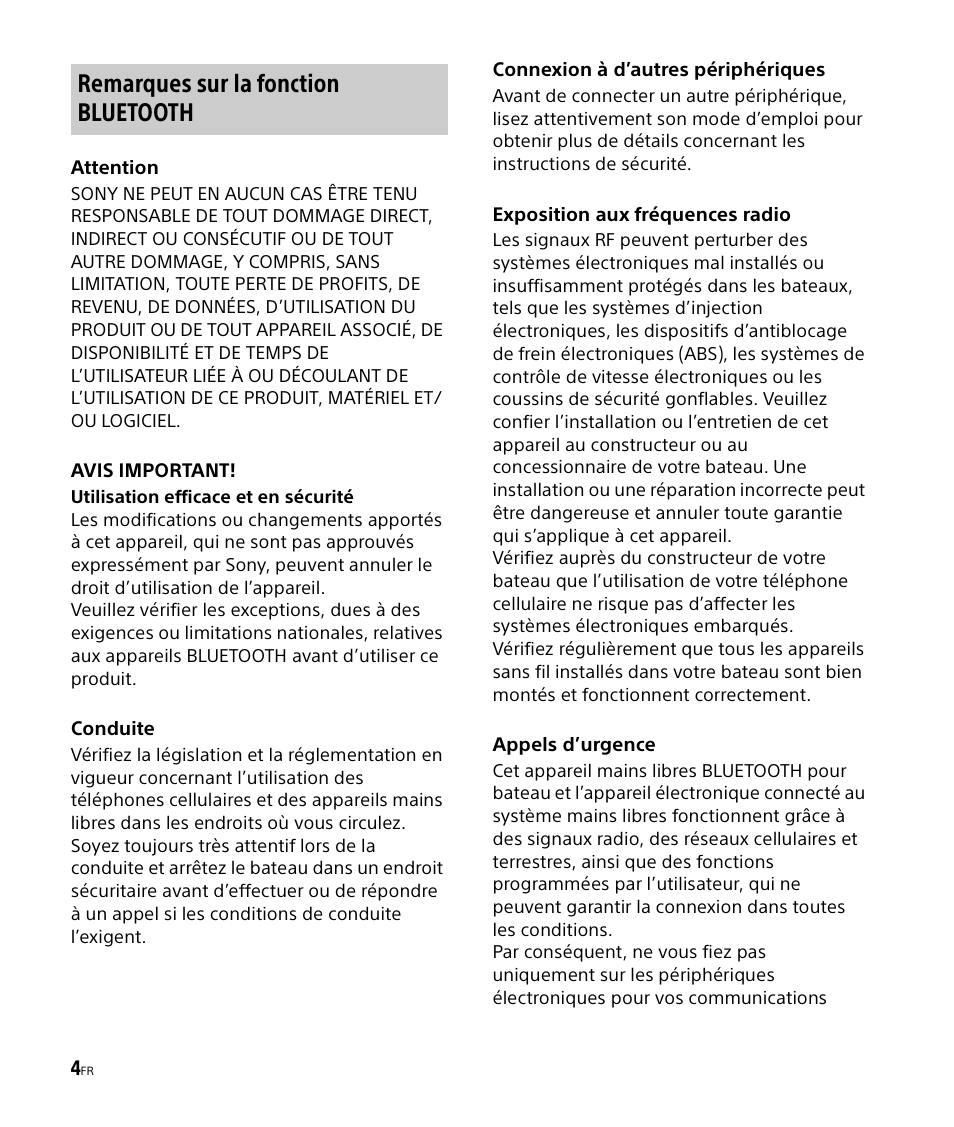 Remarques sur la fonction bluetooth | Sony DSX-M50BT User Manual | Page 36 / 108