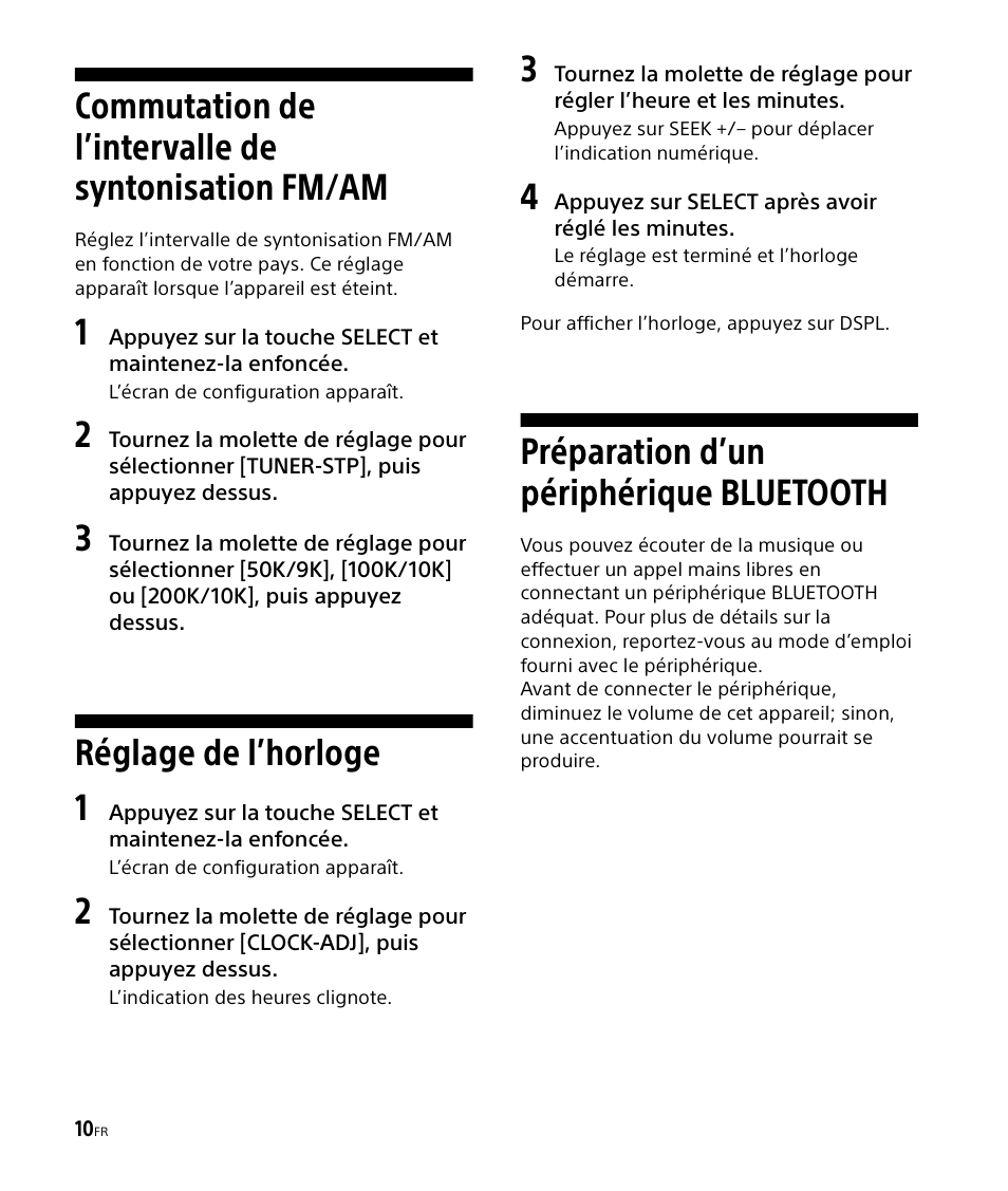 Commutation de l’intervalle de syntonisation fm/am, Réglage de l’horloge, Préparation d’un périphérique bluetooth | Commutation de l’intervalle de syntonisation, Fm/am, Réglage de l’horloge préparation d’un périphérique, Bluetooth, Réglage de l’horloge 1 | Sony DSX-M50BT User Manual | Page 42 / 108