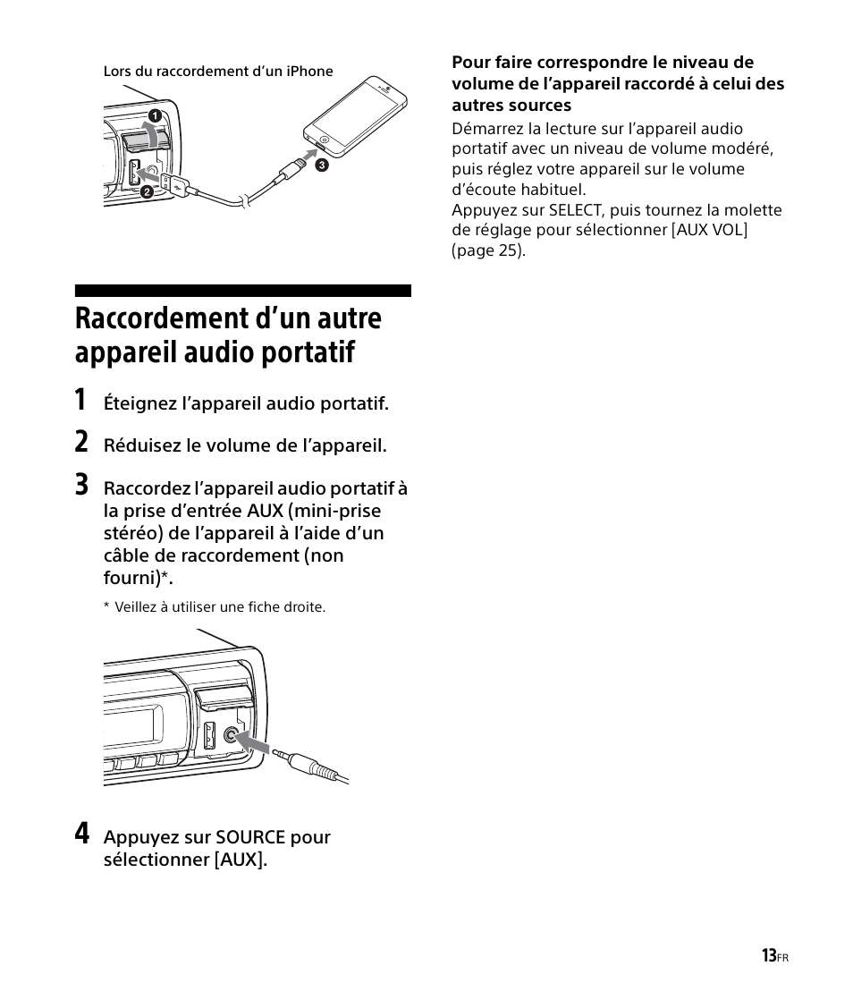 Raccordement d’un autre appareil audio portatif, Raccordement d’un autre appareil audio, Portatif | Raccordement d’un autre appareil audio portatif 1 | Sony DSX-M50BT User Manual | Page 45 / 108