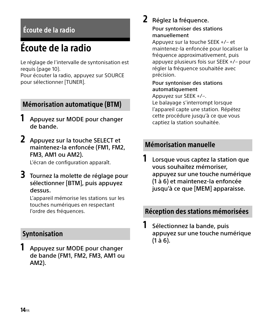 Écoute de la radio | Sony DSX-M50BT User Manual | Page 46 / 108