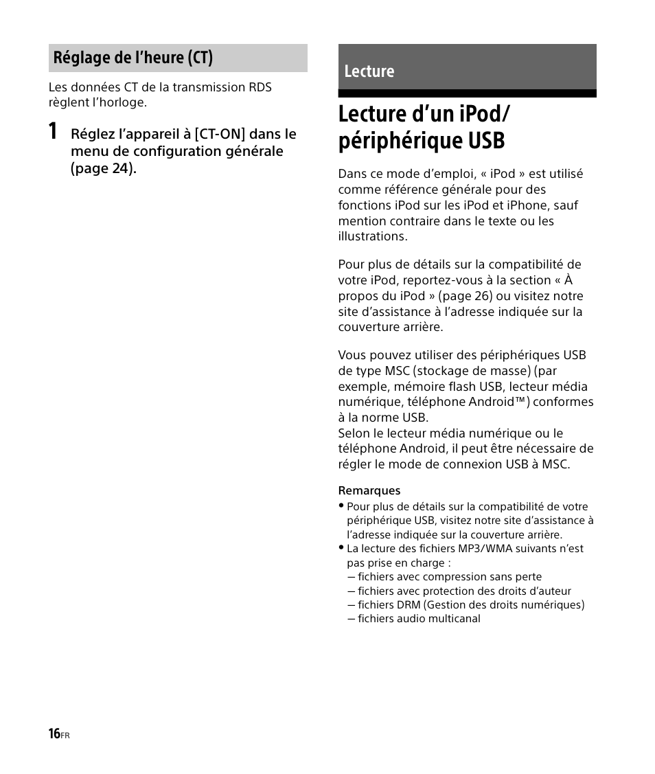 Lecture, Lecture d’un ipod/ périphérique usb, Lecture d’un ipod/périphérique usb | Réglage de l’heure (ct) lecture | Sony DSX-M50BT User Manual | Page 48 / 108