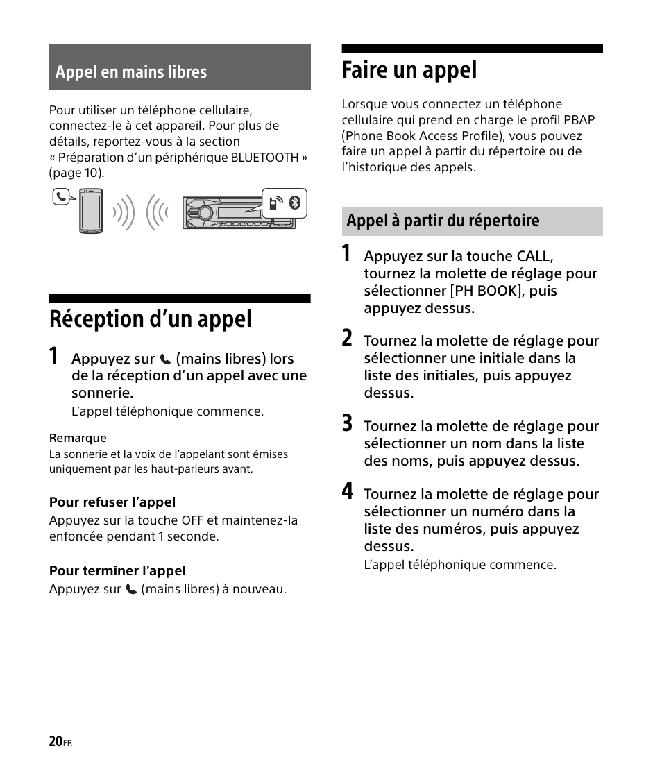 Appel en mains libres, Réception d’un appel, Faire un appel | Réception d’un appel faire un appel, Réception d’un appel 1 | Sony DSX-M50BT User Manual | Page 52 / 108