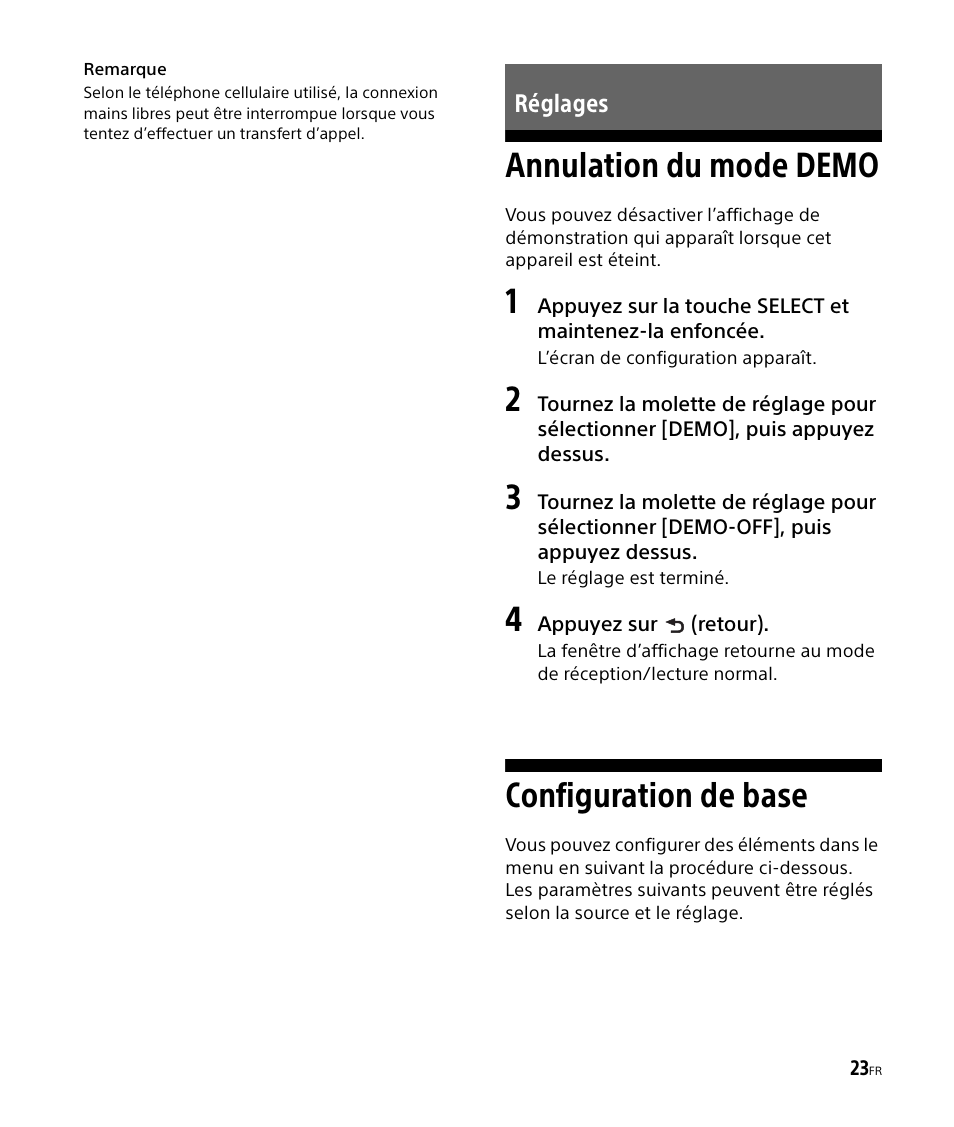 Réglages, Annulation du mode demo, Configuration de base | Annulation du mode demo configuration de base | Sony DSX-M50BT User Manual | Page 55 / 108