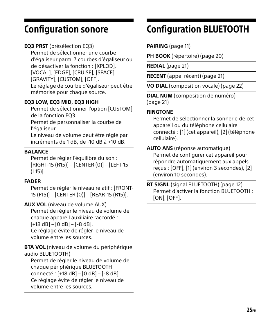 Configuration sonore, Eq3 prst (présélection eq3), Eq3 low, eq3 mid, eq3 high | Configuration bluetooth, Configuration sonore configuration bluetooth | Sony DSX-M50BT User Manual | Page 57 / 108