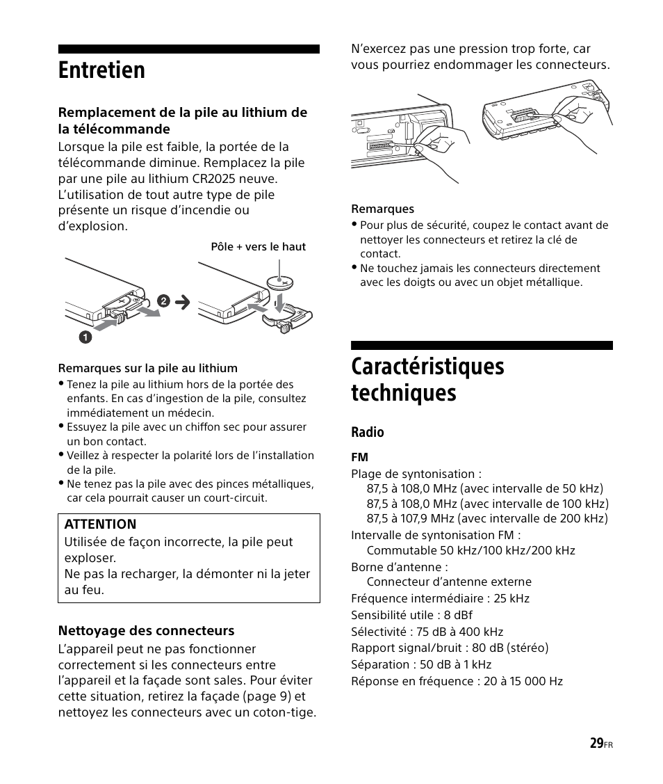 Entretien, Caractéristiques techniques, Entretien caractéristiques techniques | Sony DSX-M50BT User Manual | Page 61 / 108